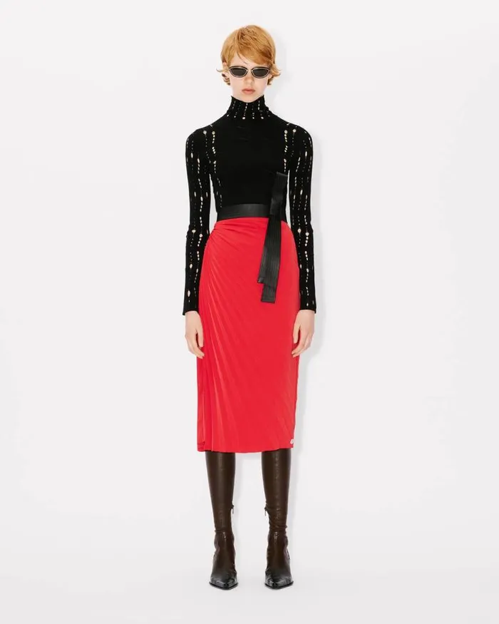 Women Sunray Pleats Midi Skirt Cherry Kenzo Dresses And Skirts