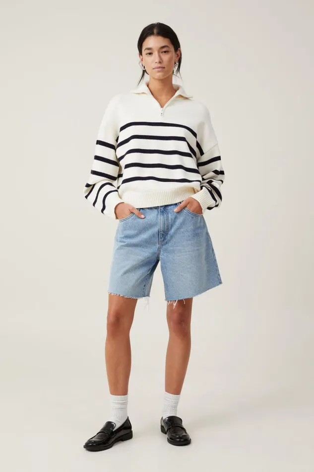 Women Sweaters and Cardigans Cotton On Cape Cod Half Zip Knit Ecru Navy Stripe