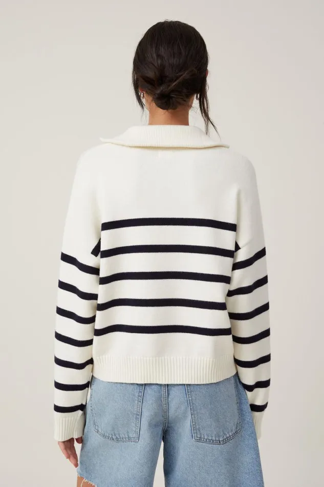 Women Sweaters and Cardigans Cotton On Cape Cod Half Zip Knit Ecru Navy Stripe