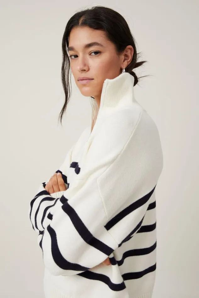 Women Sweaters and Cardigans Cotton On Cape Cod Half Zip Knit Ecru Navy Stripe