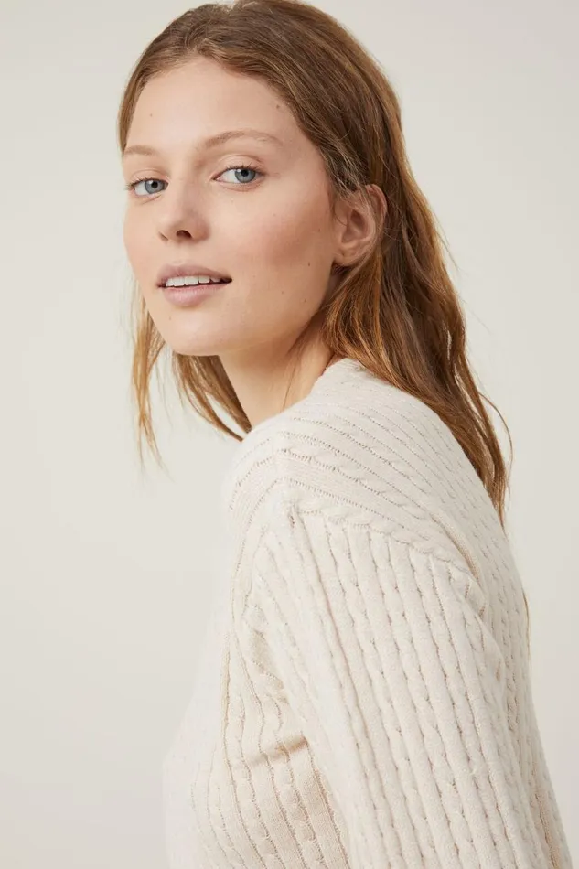 Women Sweaters and Cardigans Cotton On Everfine Cable Crew Neck Pullover Stone