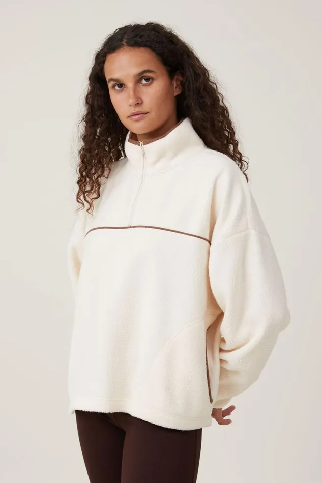 Women Sweats and Hoodies Cotton On Teddy Fleece Quarter Zip Natural