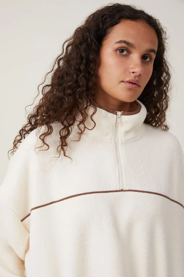 Women Sweats and Hoodies Cotton On Teddy Fleece Quarter Zip Natural