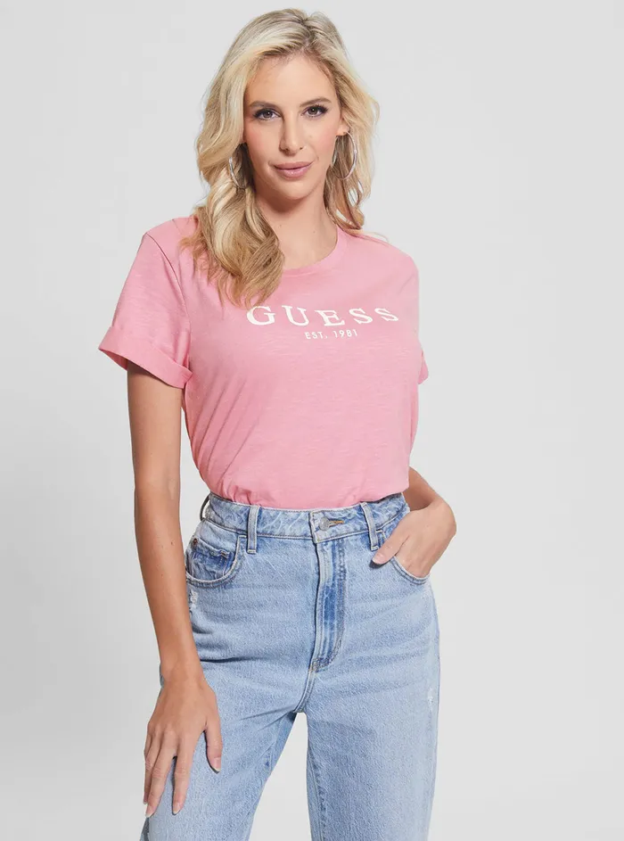 Women Tees and Tanks GUESS Eco Pink 1981 Roll Cuff Logo Tshirt
