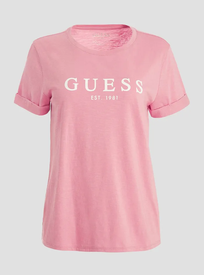 Women Tees and Tanks GUESS Eco Pink 1981 Roll Cuff Logo Tshirt