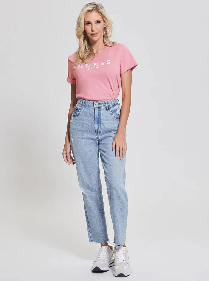 Women Tees and Tanks GUESS Eco Pink 1981 Roll Cuff Logo Tshirt