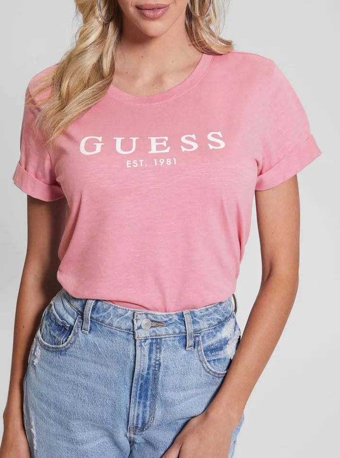 Women Tees and Tanks GUESS Eco Pink 1981 Roll Cuff Logo Tshirt