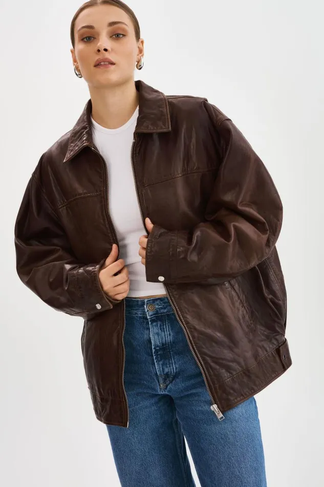 Women THEIA Leather Bomber Jacket Dark Brown LAMARQUE Leather Jackets