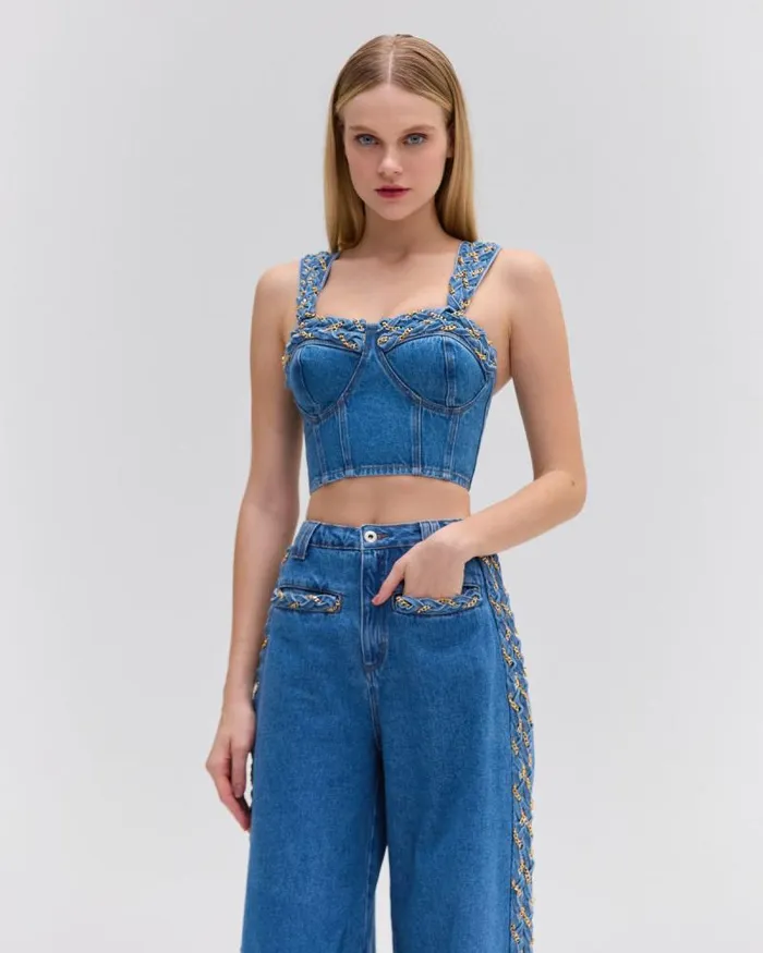 Women Tops and Bodysuits PatBO Braided Denim Cropped Top Denim
