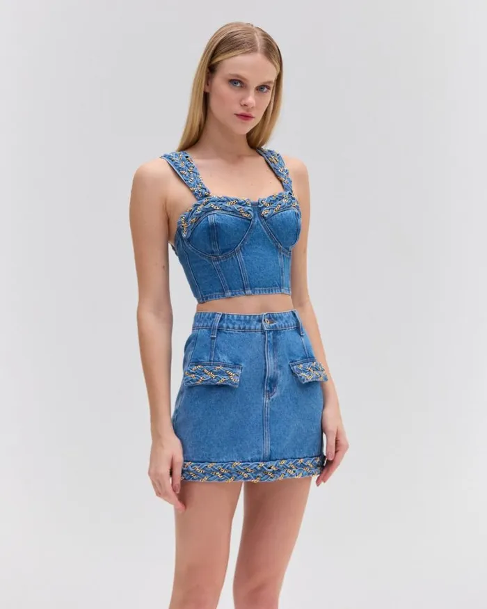 Women Tops and Bodysuits PatBO Braided Denim Cropped Top Denim