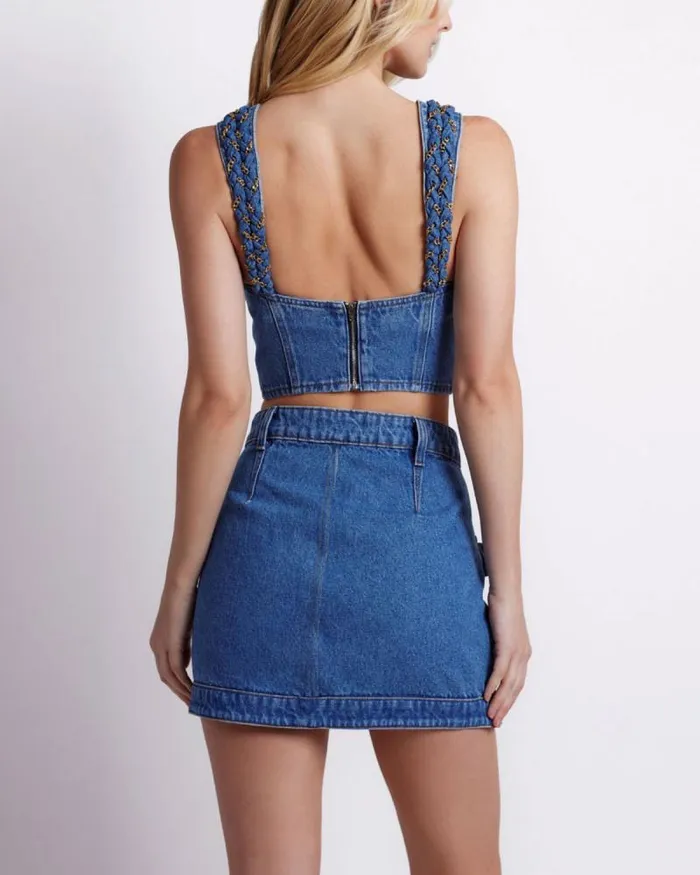 Women Tops and Bodysuits PatBO Braided Denim Cropped Top Denim