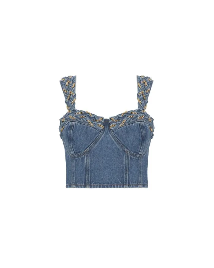 Women Tops and Bodysuits PatBO Braided Denim Cropped Top Denim