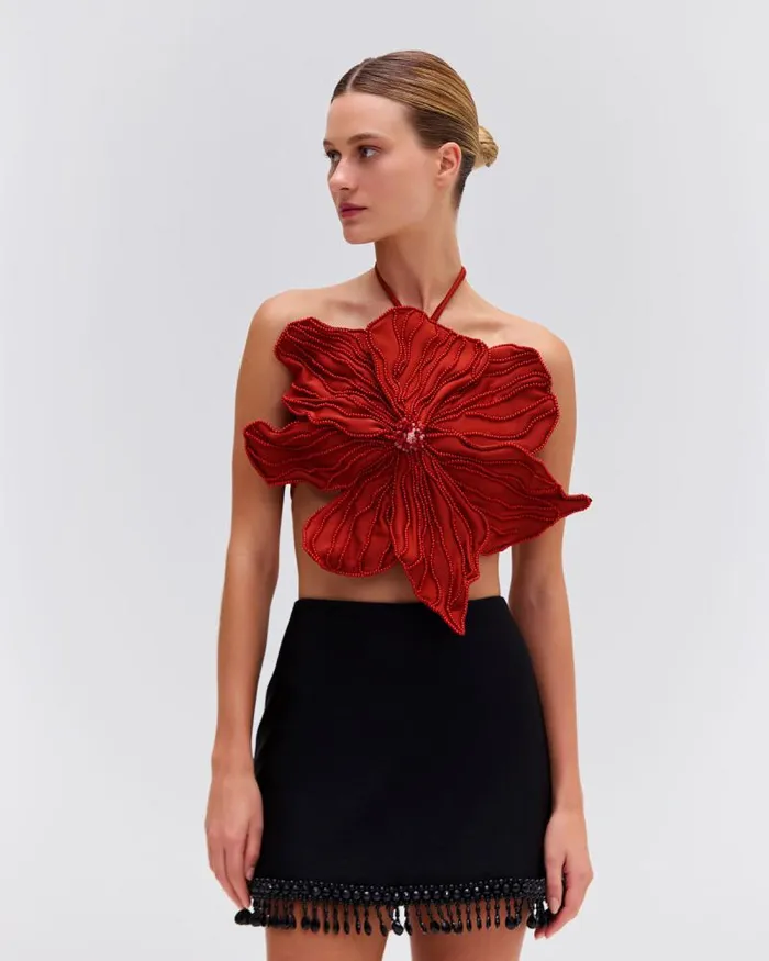 Women Tops and Bodysuits PatBO HANDBEADED FLOWER TOP EXCLUSIVE Liquor