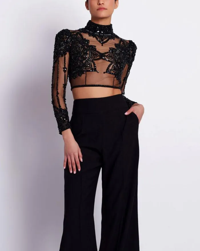 Women Tops and Bodysuits PatBO HAND BEADED TULLE CROPPED TOP EXCLUSIVE Black