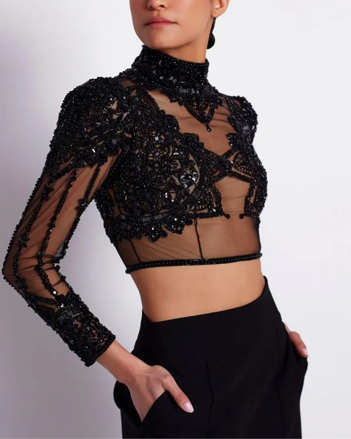 Women Tops and Bodysuits PatBO HAND BEADED TULLE CROPPED TOP EXCLUSIVE Black