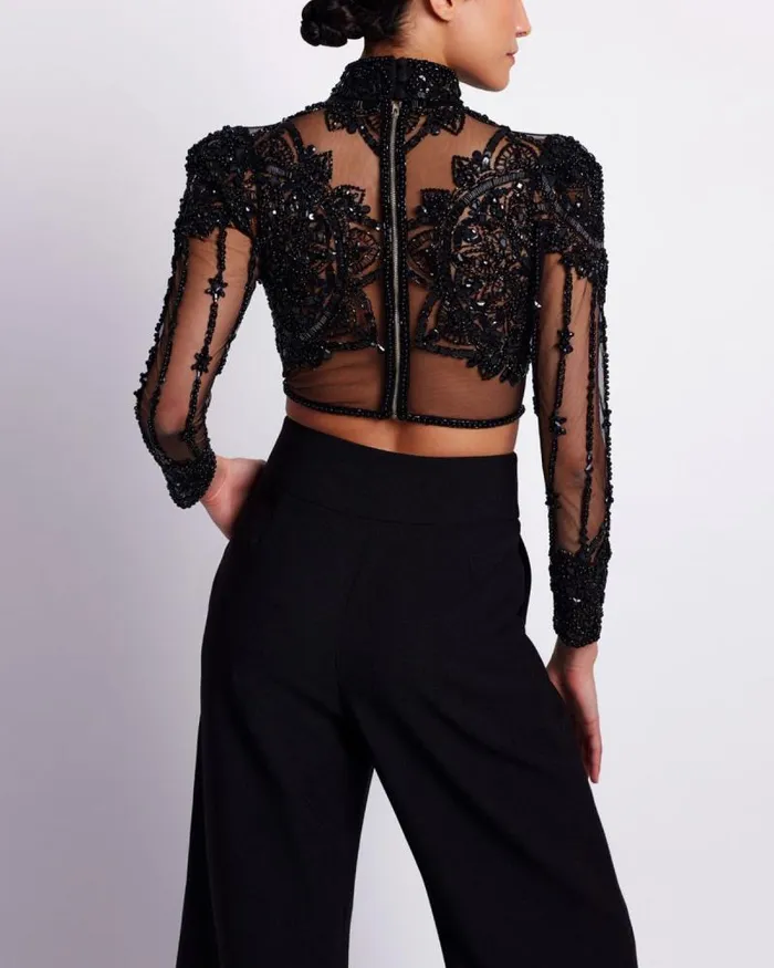 Women Tops and Bodysuits PatBO HAND BEADED TULLE CROPPED TOP EXCLUSIVE Black