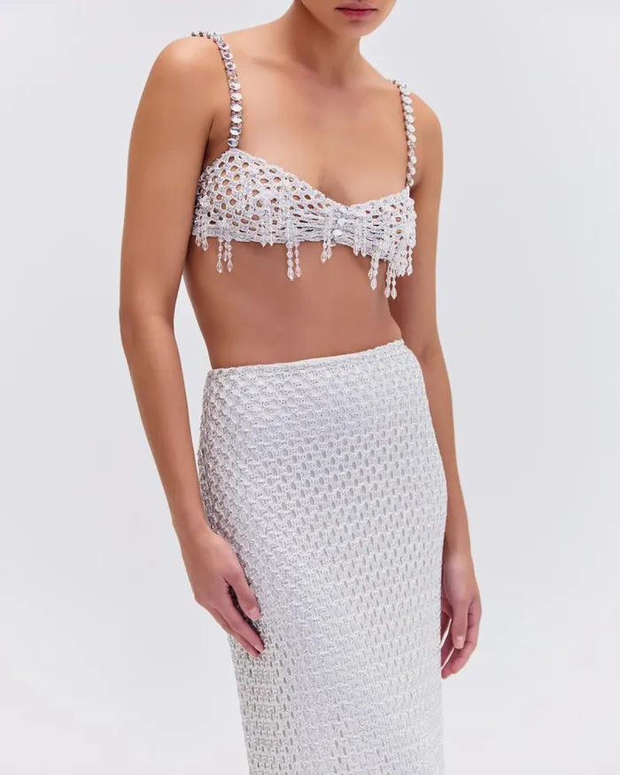 Women Tops and Bodysuits PatBO Metallic Macram Bralette Silver