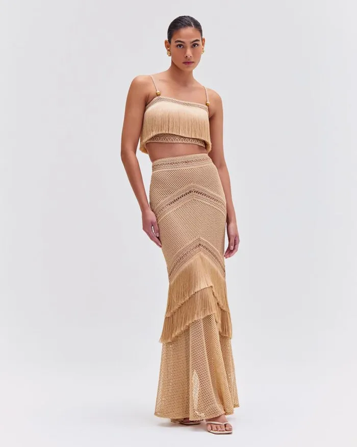 Women Tops and Bodysuits PatBO SLEEVELESS FRINGE CROPPED TOP Gold