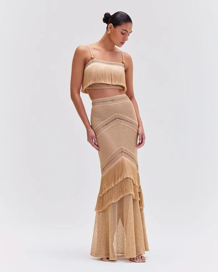 Women Tops and Bodysuits PatBO SLEEVELESS FRINGE CROPPED TOP Gold