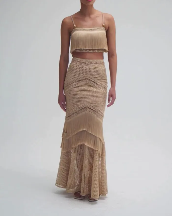Women Tops and Bodysuits PatBO SLEEVELESS FRINGE CROPPED TOP Gold