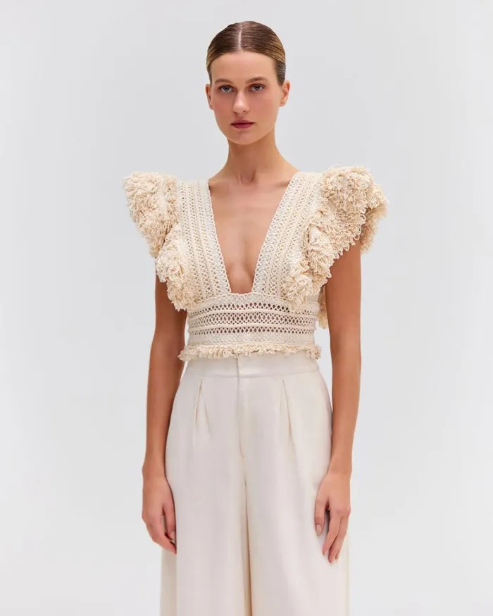Women Tops and Bodysuits PatBO WOVEN TRIM BODYSUIT RUNWAY Wheat