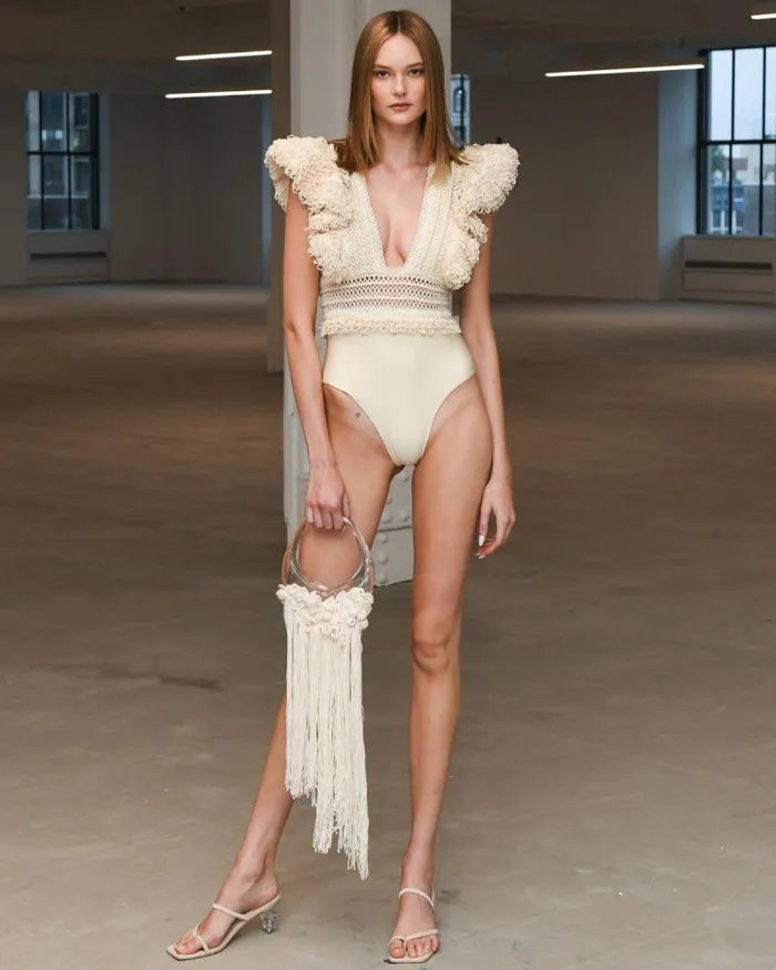 Women Tops and Bodysuits PatBO WOVEN TRIM BODYSUIT RUNWAY Wheat