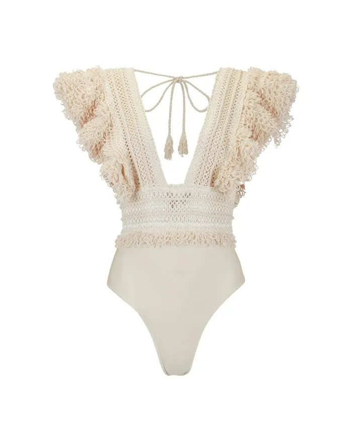 Women Tops and Bodysuits PatBO WOVEN TRIM BODYSUIT RUNWAY Wheat