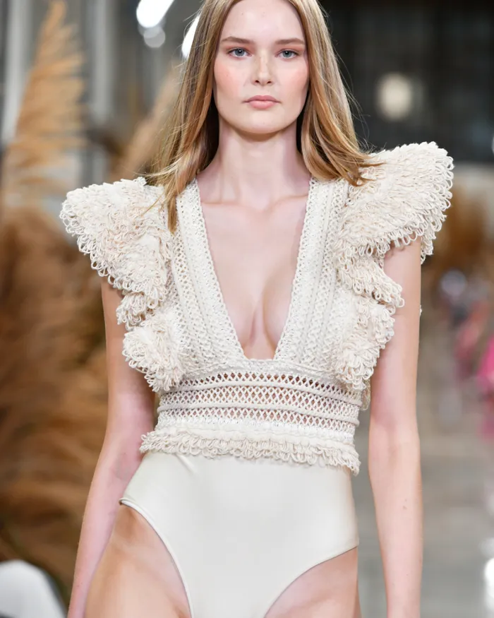 Women Tops and Bodysuits PatBO WOVEN TRIM BODYSUIT RUNWAY Wheat