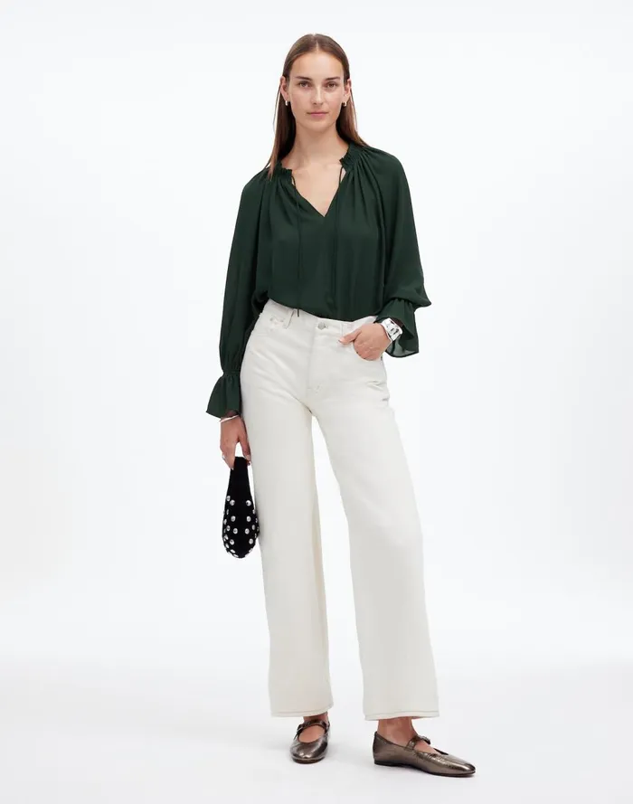 Women Tops and Shirts Madewell LongSleeve TieNeck Top Luxury Forest