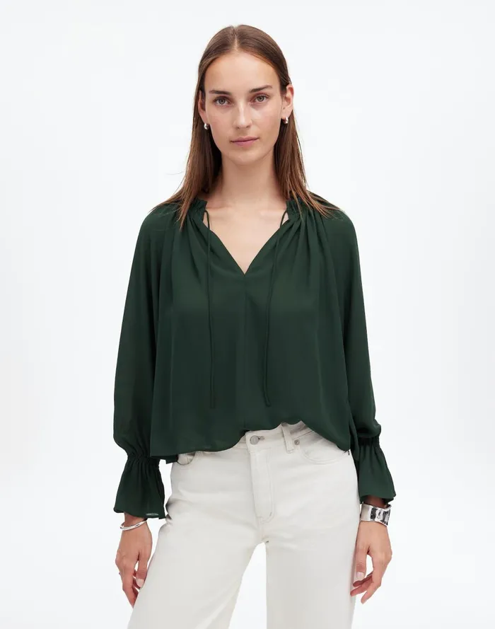 Women Tops and Shirts Madewell LongSleeve TieNeck Top Luxury Forest