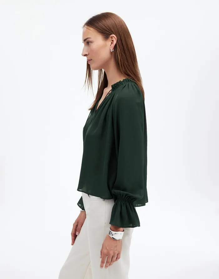 Women Tops and Shirts Madewell LongSleeve TieNeck Top Luxury Forest