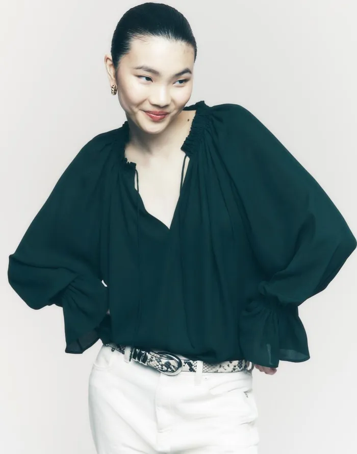 Women Tops and Shirts Madewell LongSleeve TieNeck Top Luxury Forest