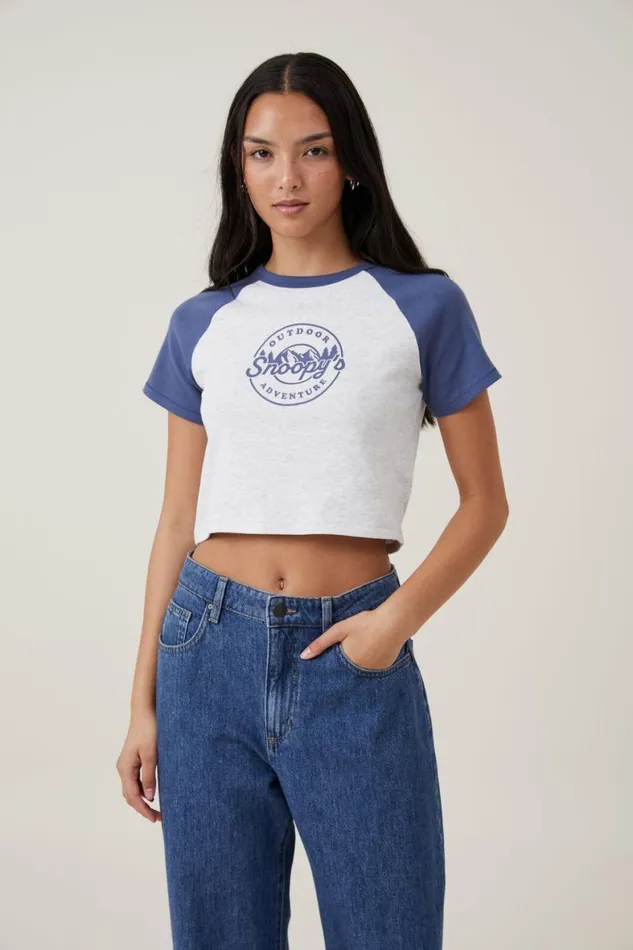 Women Tops Cotton On Crop Fit Rib Raglan Snoopy Tee Lcn Pea Snoopy Peanuts Outdoor Adventure Lig
