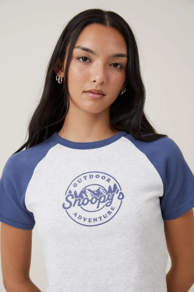 Women Tops Cotton On Crop Fit Rib Raglan Snoopy Tee Lcn Pea Snoopy Peanuts Outdoor Adventure Lig