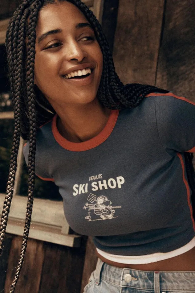 Women Tops Cotton On Crop Fit Rib Sleeve Snoopy Tee Lcn Pea Snoopy Peanuts Ski Shop V Navy Marle