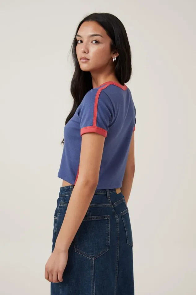 Women Tops Cotton On Crop Fit Rib Sleeve Snoopy Tee Lcn Pea Snoopy Peanuts Ski Shop V Navy Marle