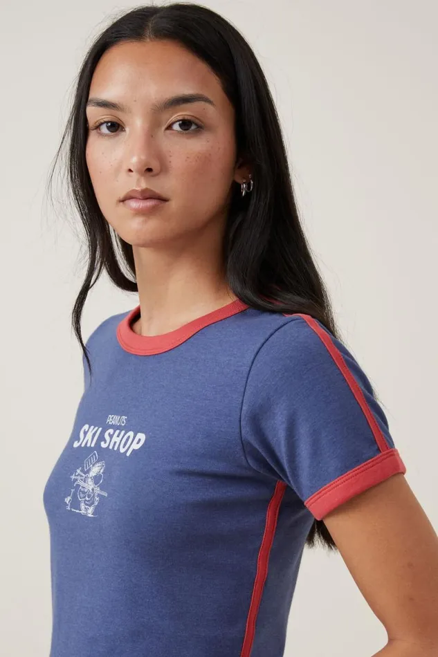 Women Tops Cotton On Crop Fit Rib Sleeve Snoopy Tee Lcn Pea Snoopy Peanuts Ski Shop V Navy Marle