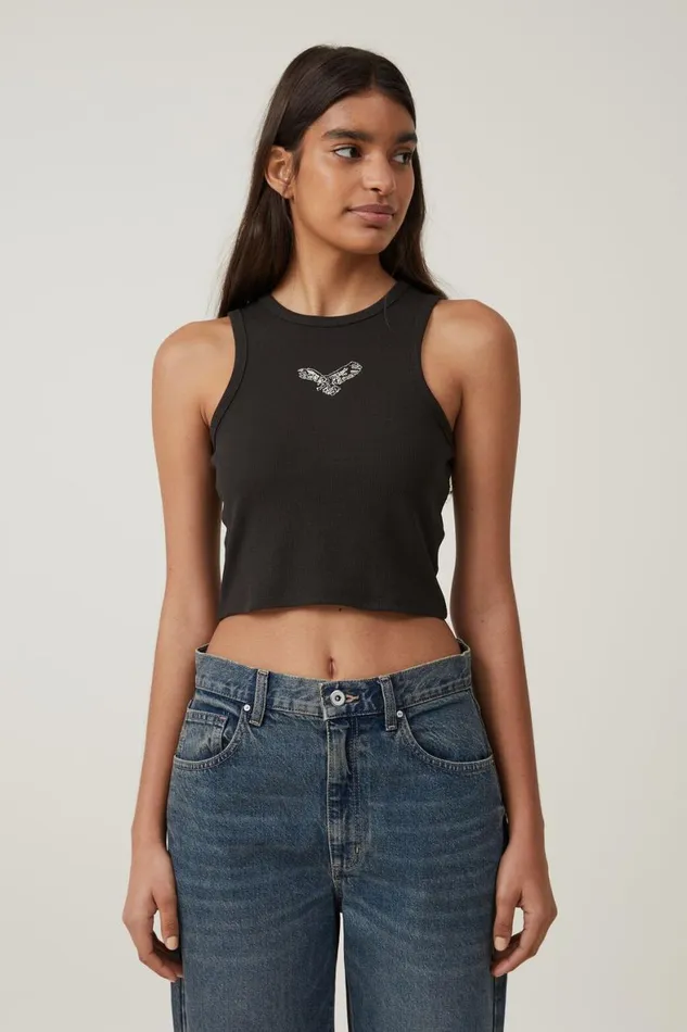 Women Tops Cotton On Crop Ribbed Graphic Racer Tank Eagle Washed Black