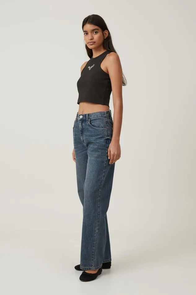 Women Tops Cotton On Crop Ribbed Graphic Racer Tank Eagle Washed Black