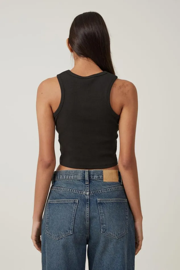Women Tops Cotton On Crop Ribbed Graphic Racer Tank Eagle Washed Black