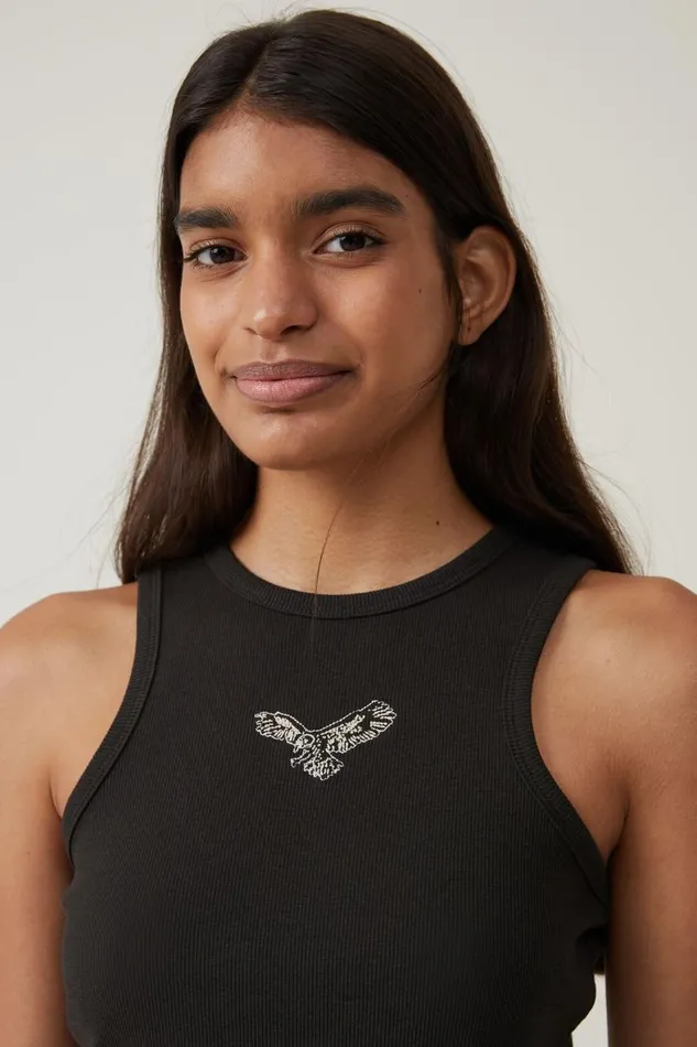 Women Tops Cotton On Crop Ribbed Graphic Racer Tank Eagle Washed Black