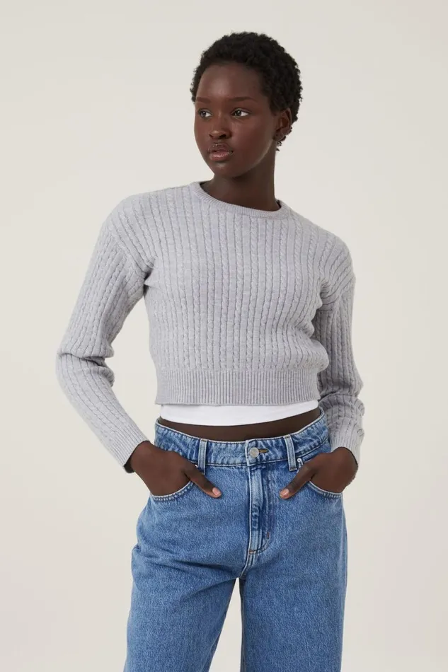 Women Tops Cotton On Everfine Cable Crew Neck Pullover Grey Shadow Marle