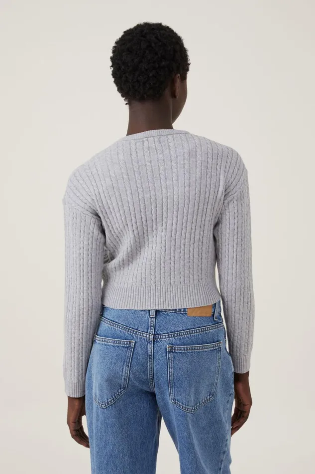 Women Tops Cotton On Everfine Cable Crew Neck Pullover Grey Shadow Marle