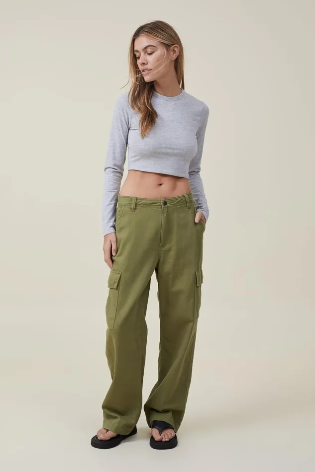 Women Tops Cotton On Micro Crop Long Sleeve Top Grey Marle