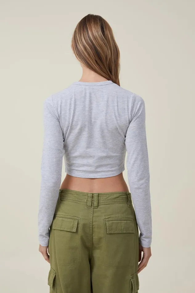 Women Tops Cotton On Micro Crop Long Sleeve Top Grey Marle