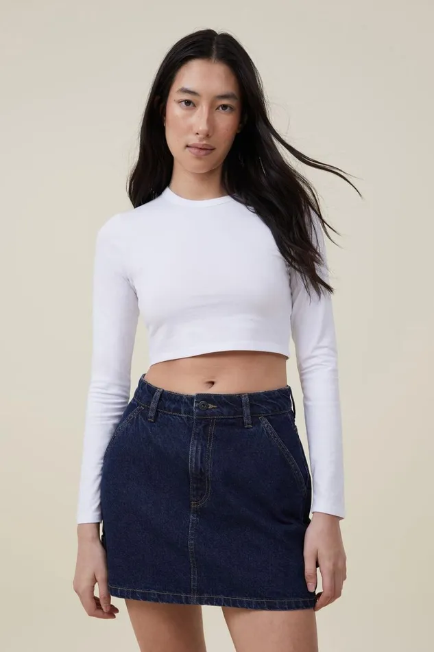 Women Tops Cotton On Micro Crop Long Sleeve Top White