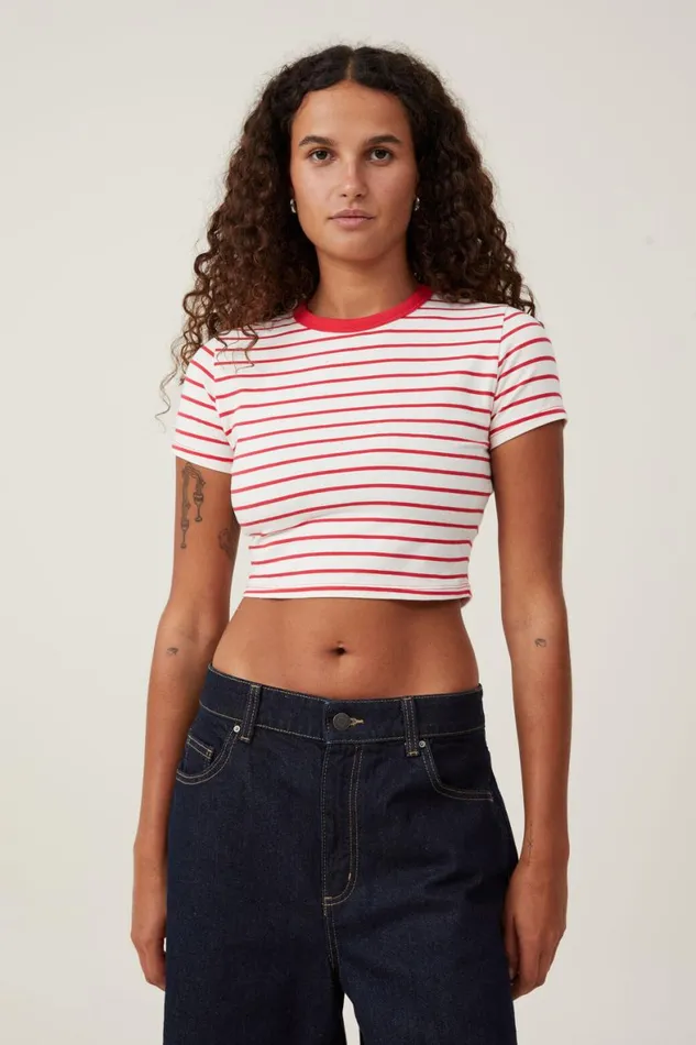 Women Tops Cotton On Micro Crop Tee Kyle Stripe Porcelainfiery Red