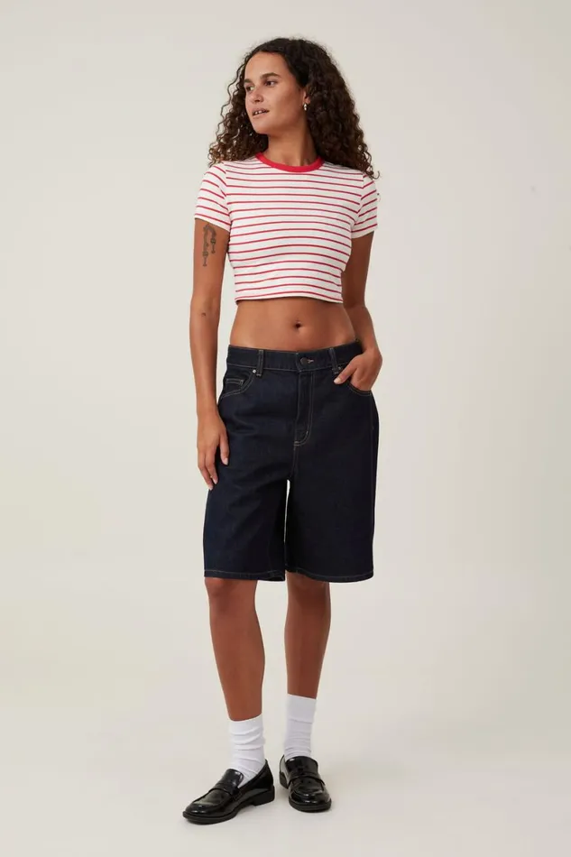 Women Tops Cotton On Micro Crop Tee Kyle Stripe Porcelainfiery Red