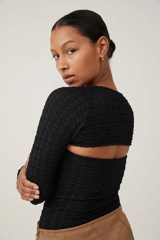 Women Tops Cotton On Nova Textured Long Sleeve Shrug Black