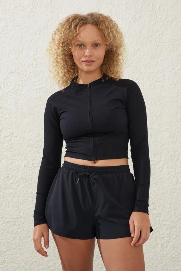 Women Tops Cotton On Rib Cropped Zip Through Long Sleeve Black